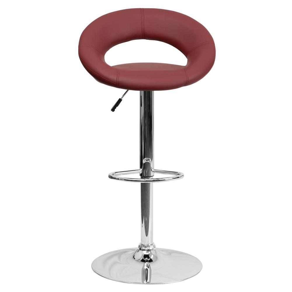 Contemporary Burgundy Vinyl Rounded Orbit-Style Back Adjustable Height Barstool with Chrome Base. Picture 4