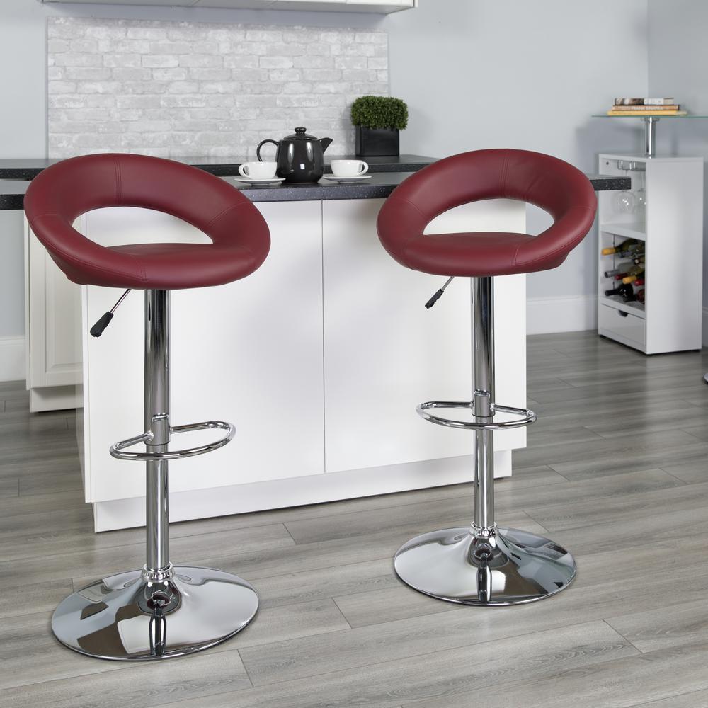 Contemporary Burgundy Vinyl Rounded Orbit-Style Back Adjustable Height Barstool with Chrome Base. Picture 5