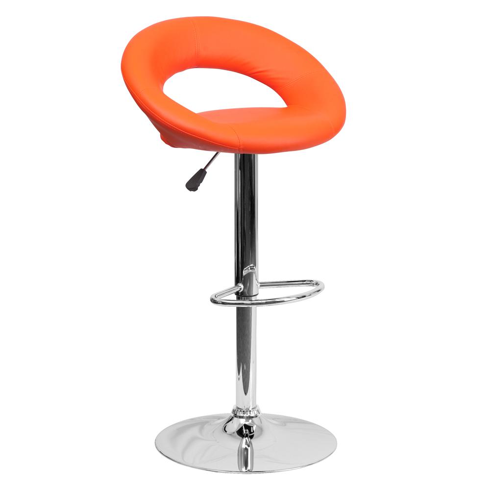 Contemporary Orange Vinyl Rounded Orbit-Style Back Adjustable Height Barstool with Chrome Base. Picture 1