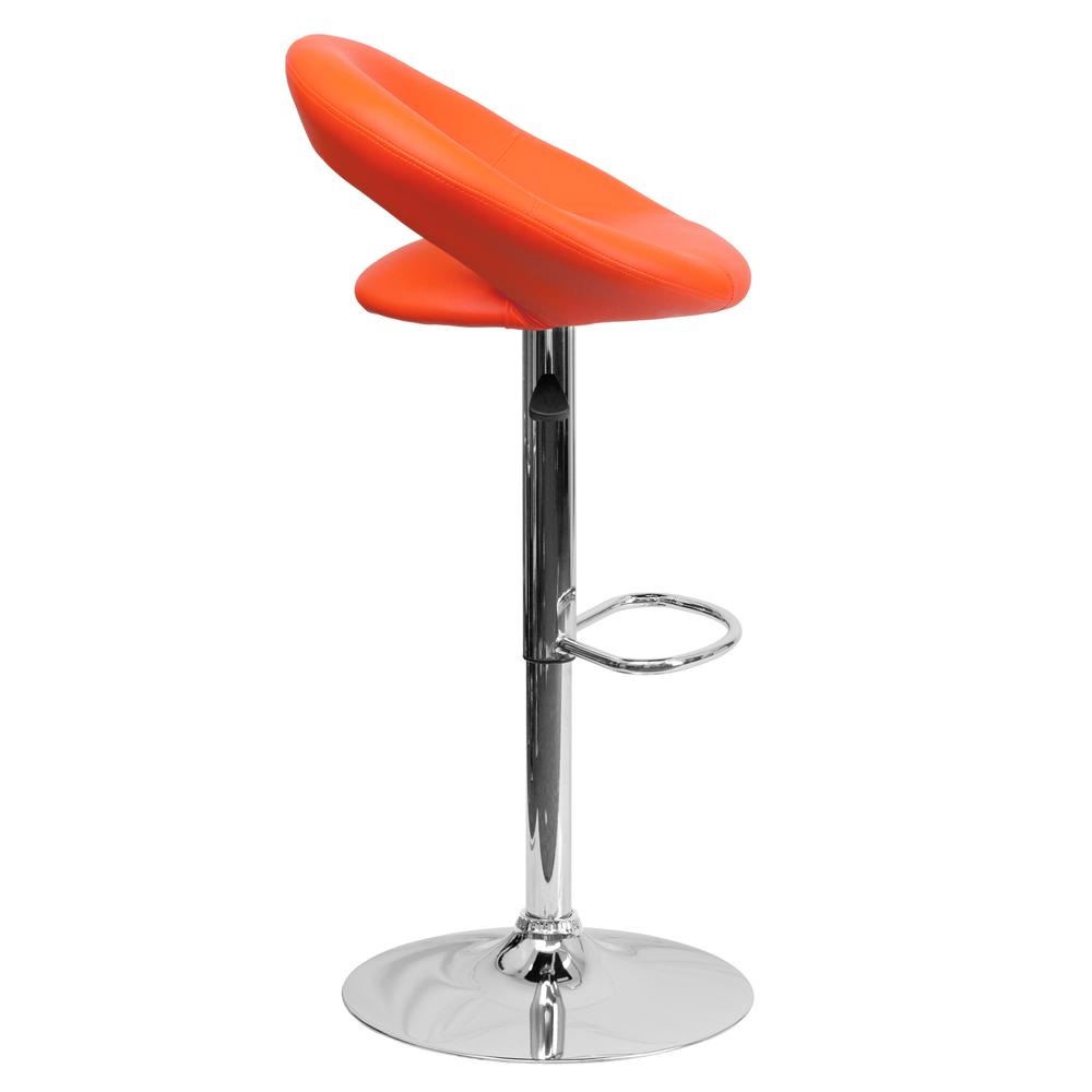 Contemporary Orange Vinyl Rounded Orbit-Style Back Adjustable Height Barstool with Chrome Base. Picture 2