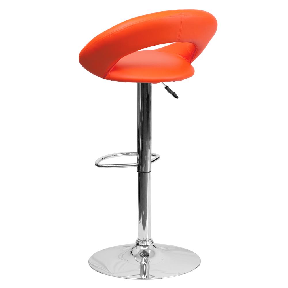 Contemporary Orange Vinyl Rounded Orbit-Style Back Adjustable Height Barstool with Chrome Base. Picture 3