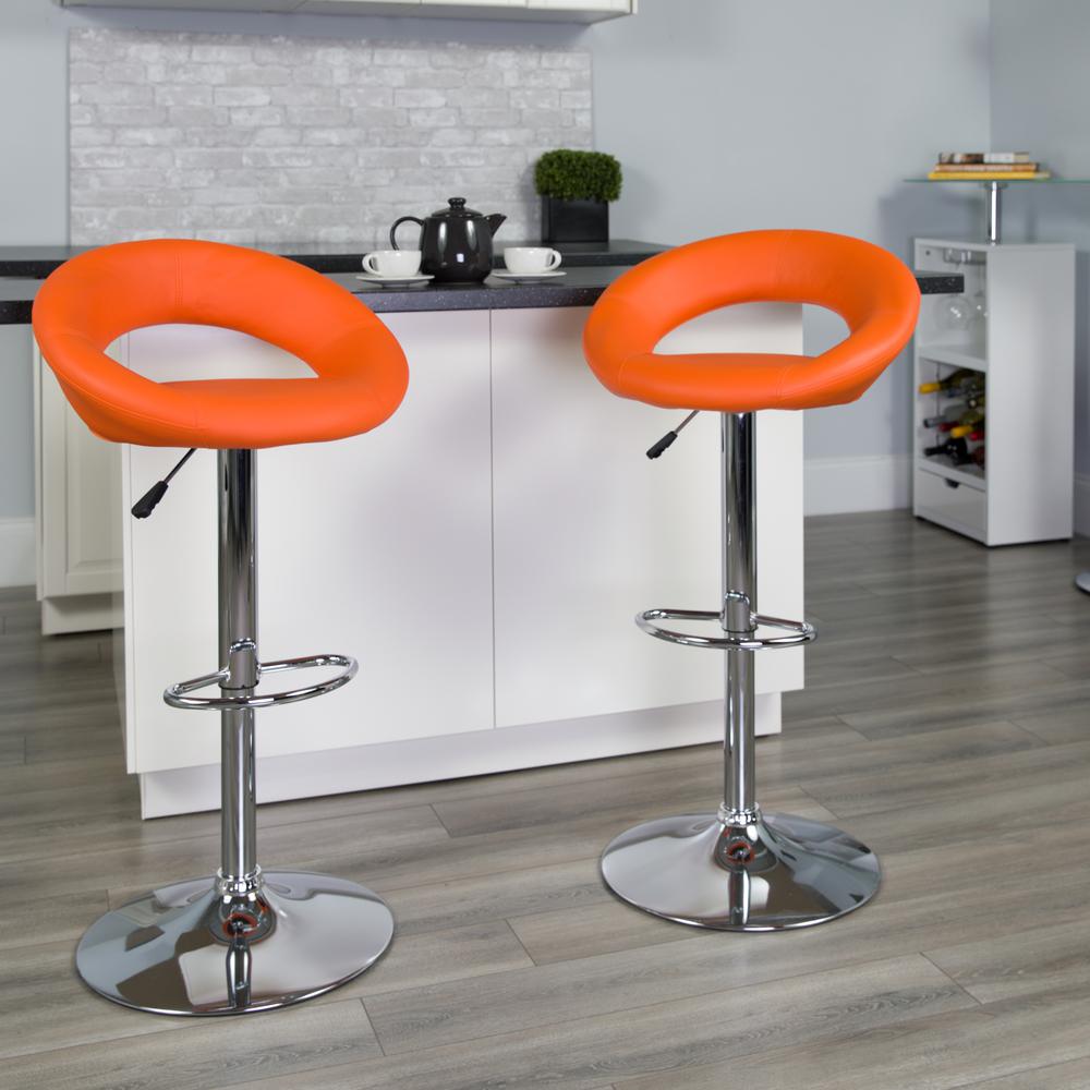 Contemporary Orange Vinyl Rounded Orbit-Style Back Adjustable Height Barstool with Chrome Base. Picture 5