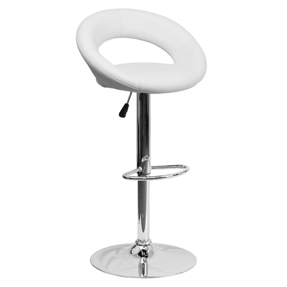 Contemporary White Vinyl Rounded Orbit-Style Back Adjustable Height Barstool with Chrome Base. Picture 1