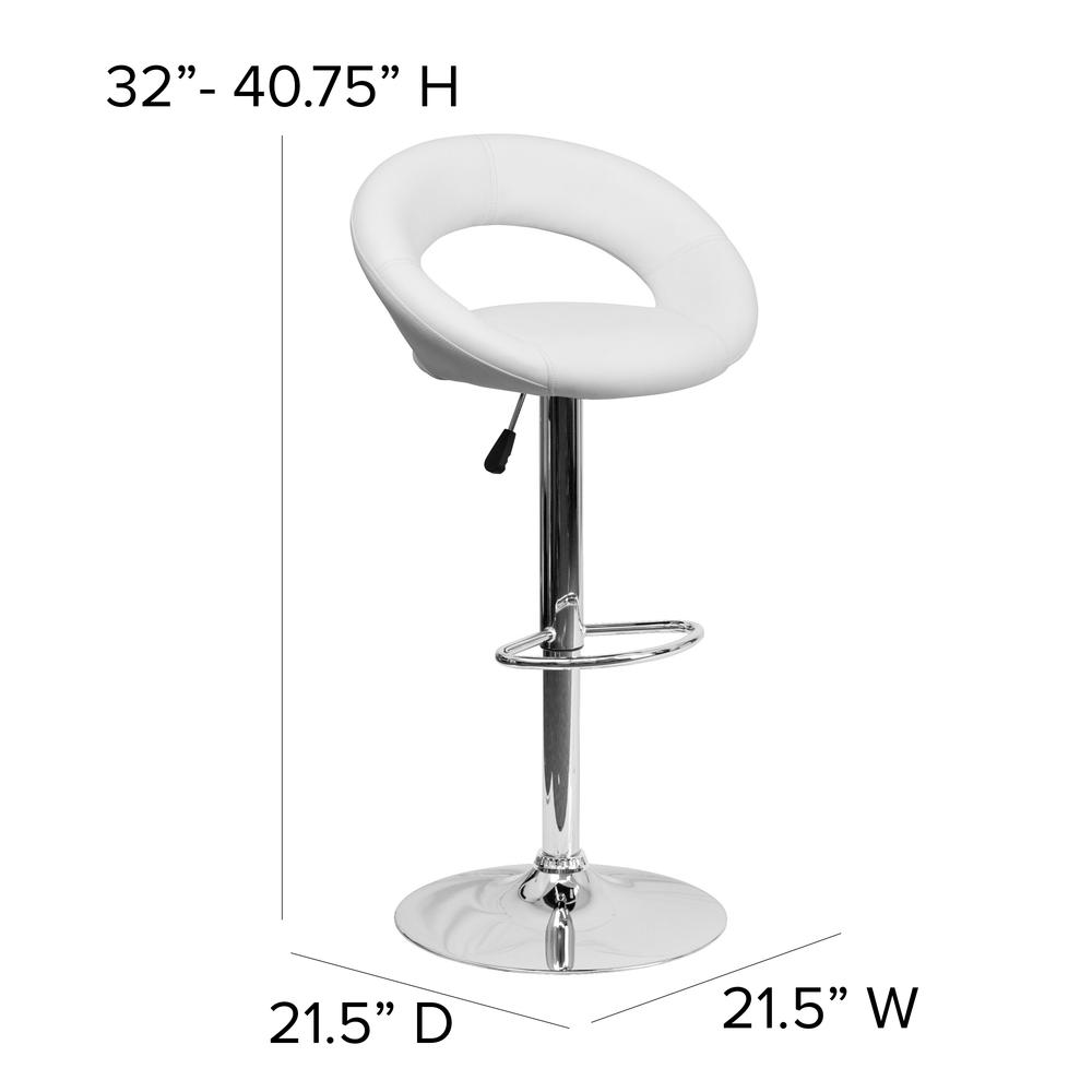 Contemporary White Vinyl Rounded Orbit-Style Back Adjustable Height Barstool with Chrome Base. Picture 2