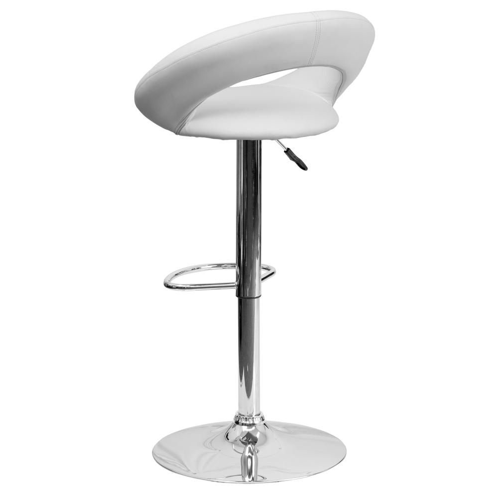 Contemporary White Vinyl Rounded Orbit-Style Back Adjustable Height Barstool with Chrome Base. Picture 4