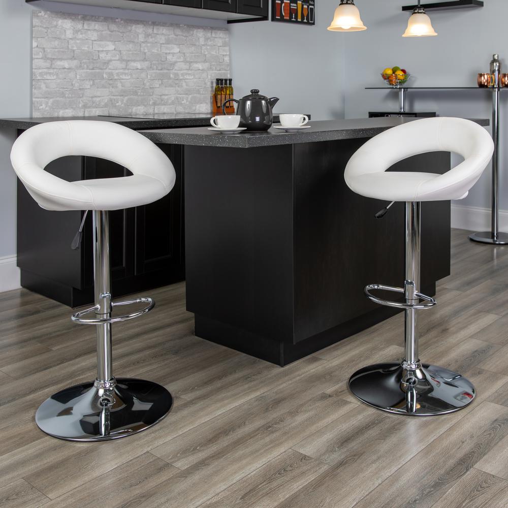 Contemporary White Vinyl Rounded Orbit-Style Back Adjustable Height Barstool with Chrome Base. Picture 6