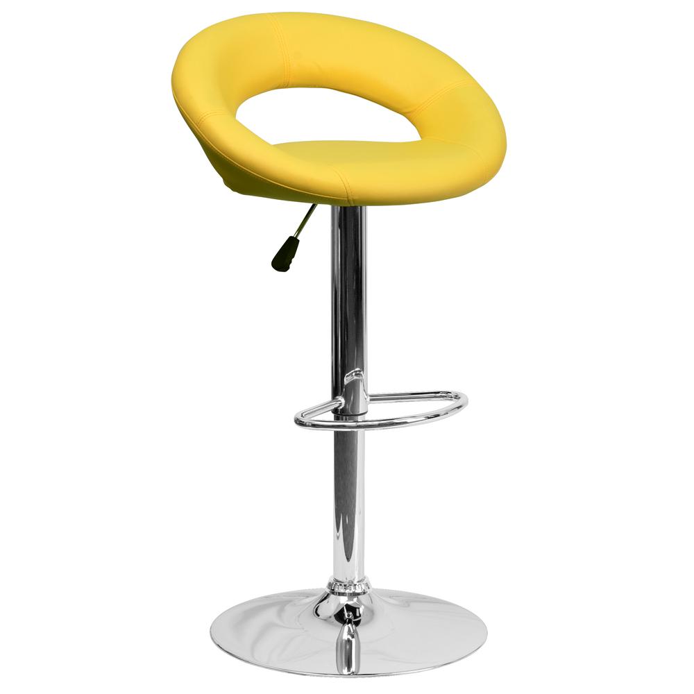 Contemporary Yellow Vinyl Rounded Orbit-Style Back Adjustable Height Barstool with Chrome Base. Picture 1