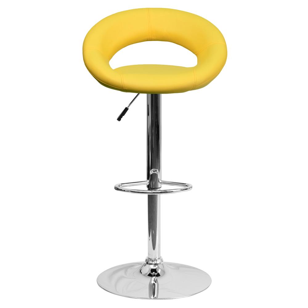 Contemporary Yellow Vinyl Rounded Orbit-Style Back Adjustable Height Barstool with Chrome Base. Picture 4