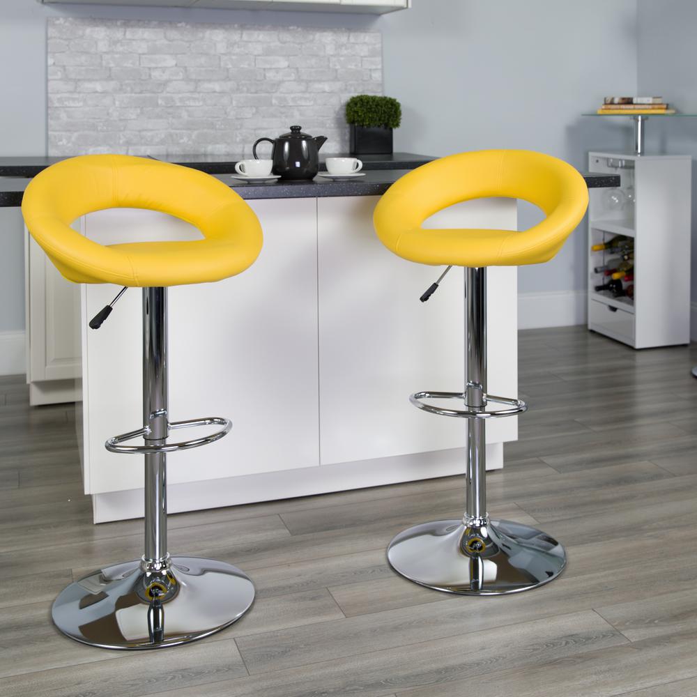 Contemporary Yellow Vinyl Rounded Orbit-Style Back Adjustable Height Barstool with Chrome Base. Picture 5