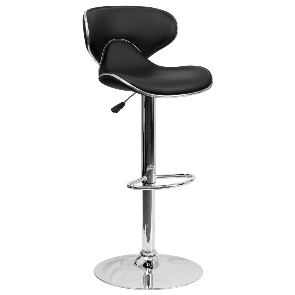 Contemporary Cozy Mid-Back Black Vinyl Adjustable Height Barstool with Chrome Base. Picture 1