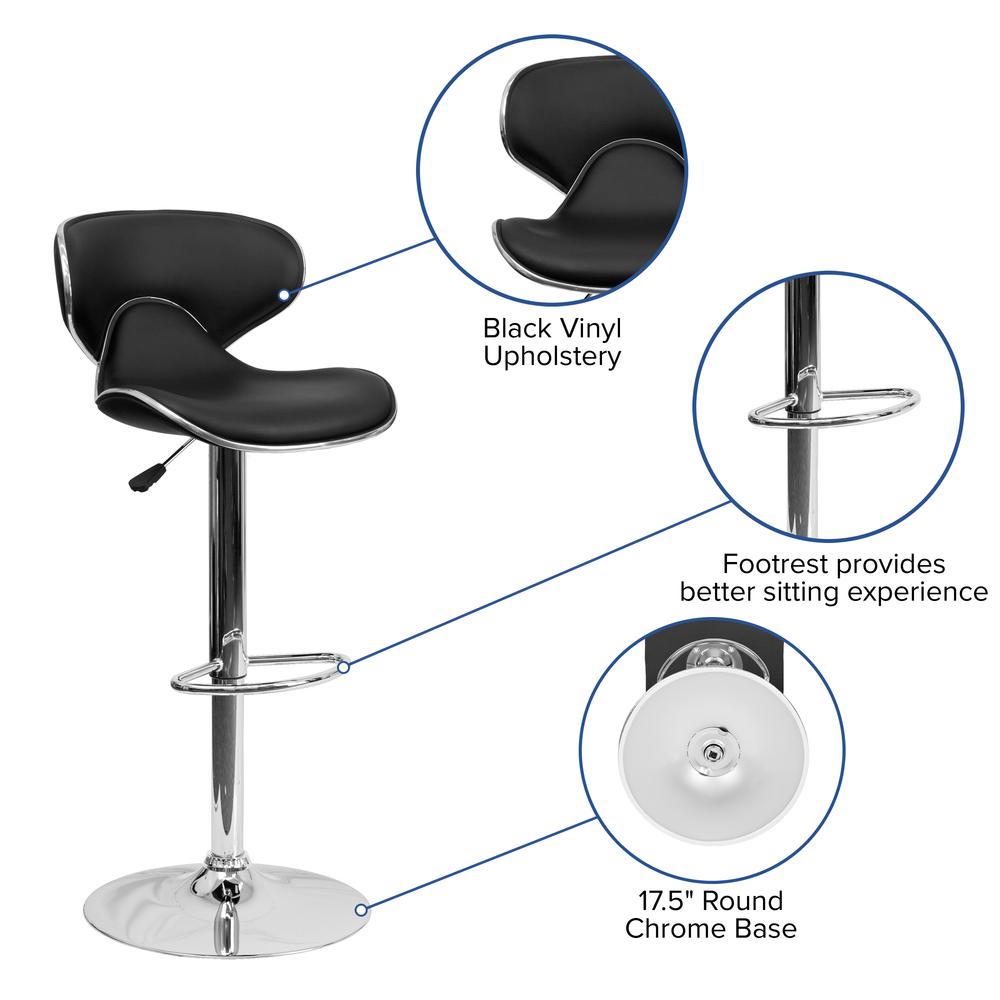 Contemporary Cozy Mid-Back Black Vinyl Adjustable Height Barstool with Chrome Base. Picture 6