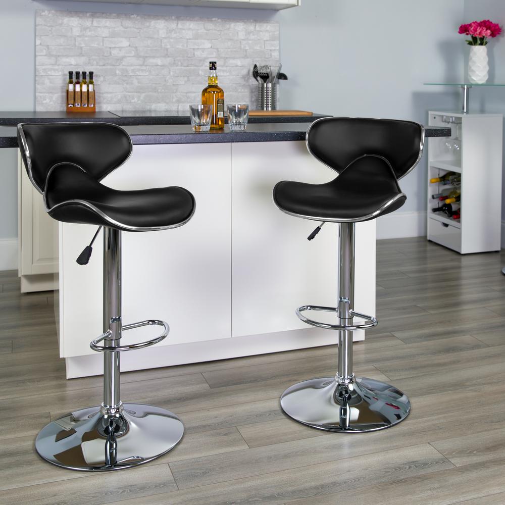 Contemporary Cozy Mid-Back Black Vinyl Adjustable Height Barstool with Chrome Base. Picture 9