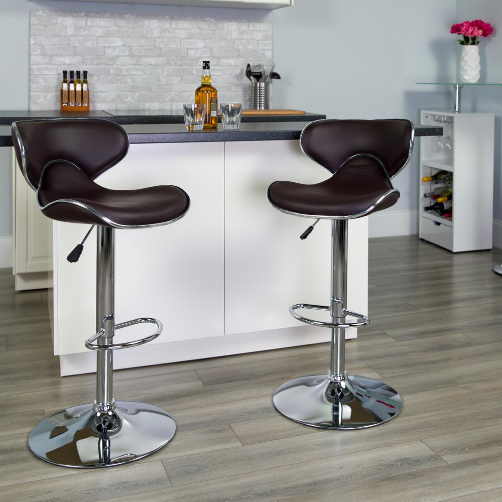 Contemporary Cozy Mid-Back Brown Vinyl Adjustable Height Barstool with Chrome Base. Picture 6