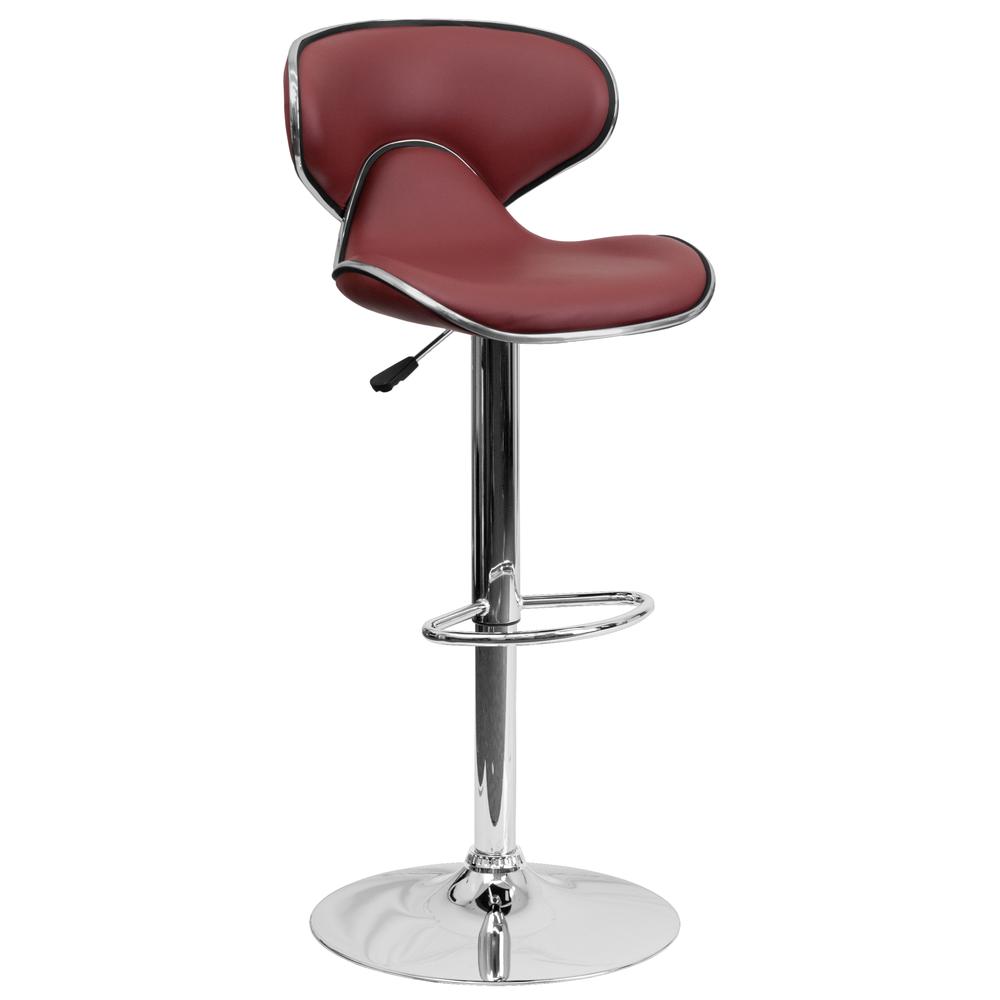 Contemporary Cozy Mid-Back Burgundy Vinyl Adjustable Height Barstool with Chrome Base. Picture 1