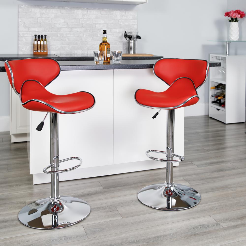 Contemporary Cozy Mid-Back Red Vinyl Adjustable Height Barstool with Chrome Base. Picture 6