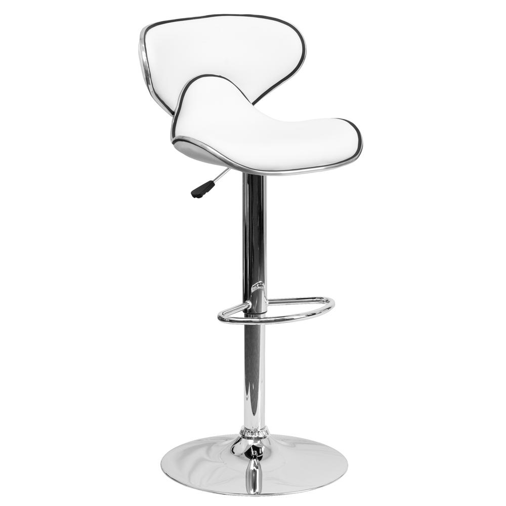 Contemporary Cozy Mid-Back White Vinyl Adjustable Height Barstool with Chrome Base. The main picture.