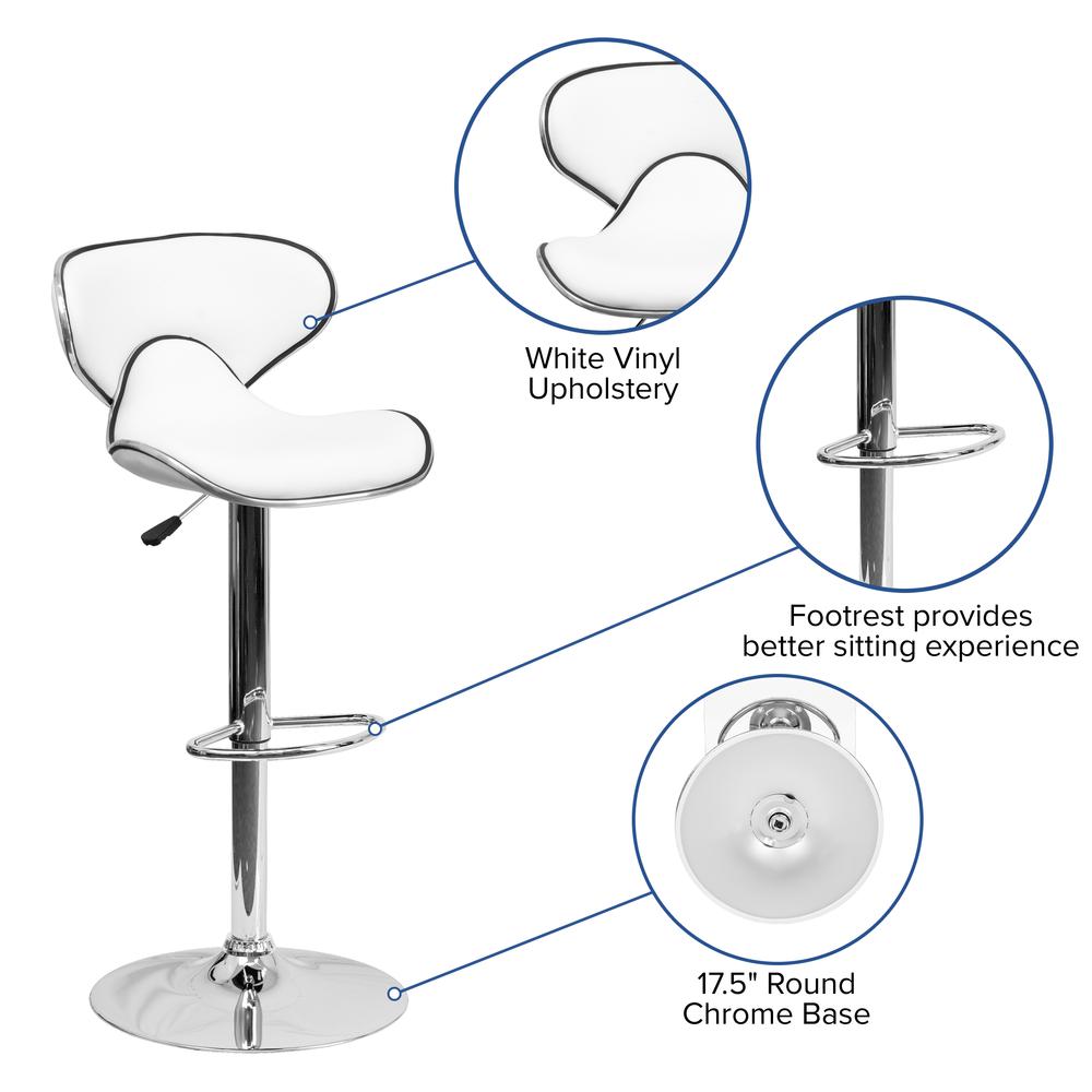 Contemporary Cozy Mid-Back White Vinyl Adjustable Height Barstool with Chrome Base. Picture 6