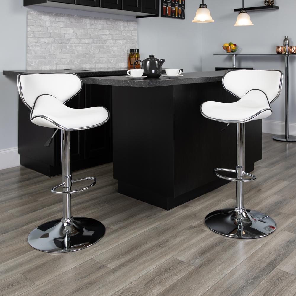 Contemporary Cozy Mid-Back White Vinyl Adjustable Height Barstool with Chrome Base. Picture 9