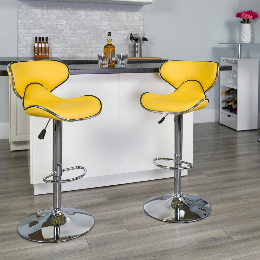 Contemporary Cozy Mid-Back Yellow Vinyl Adjustable Height Barstool with Chrome Base. Picture 6