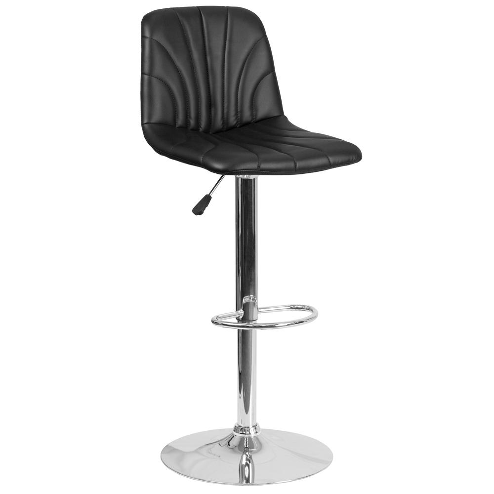 Contemporary Black Vinyl Adjustable Height Barstool with Embellished Stitch Design and Chrome Base. Picture 1