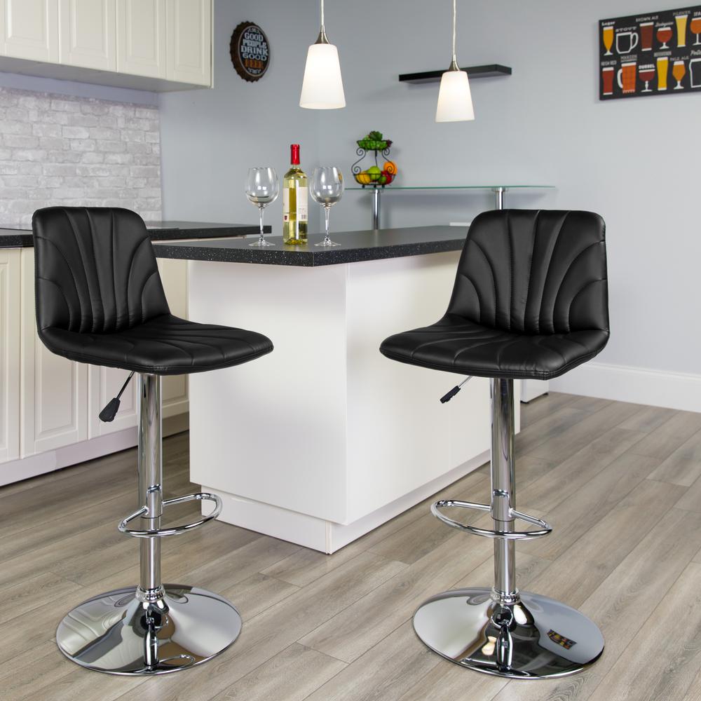 Contemporary Black Vinyl Adjustable Height Barstool with Embellished Stitch Design and Chrome Base. Picture 6