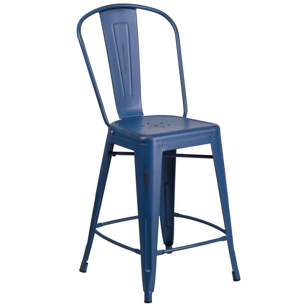 Commercial Grade 24" High Distressed Antique Blue Metal Indoor-Outdoor Counter Height Stool with Back. Picture 1
