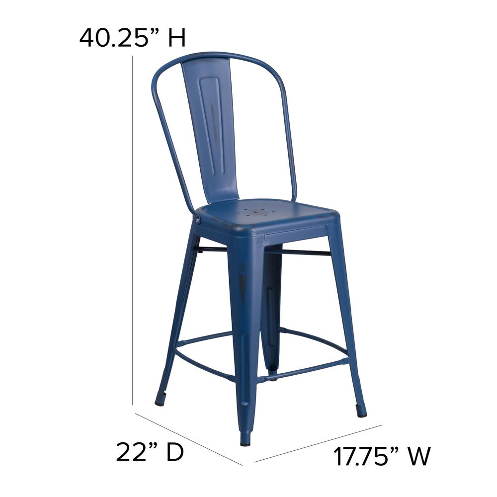 Commercial Grade 24" High Distressed Antique Blue Metal Indoor-Outdoor Counter Height Stool with Back. Picture 2