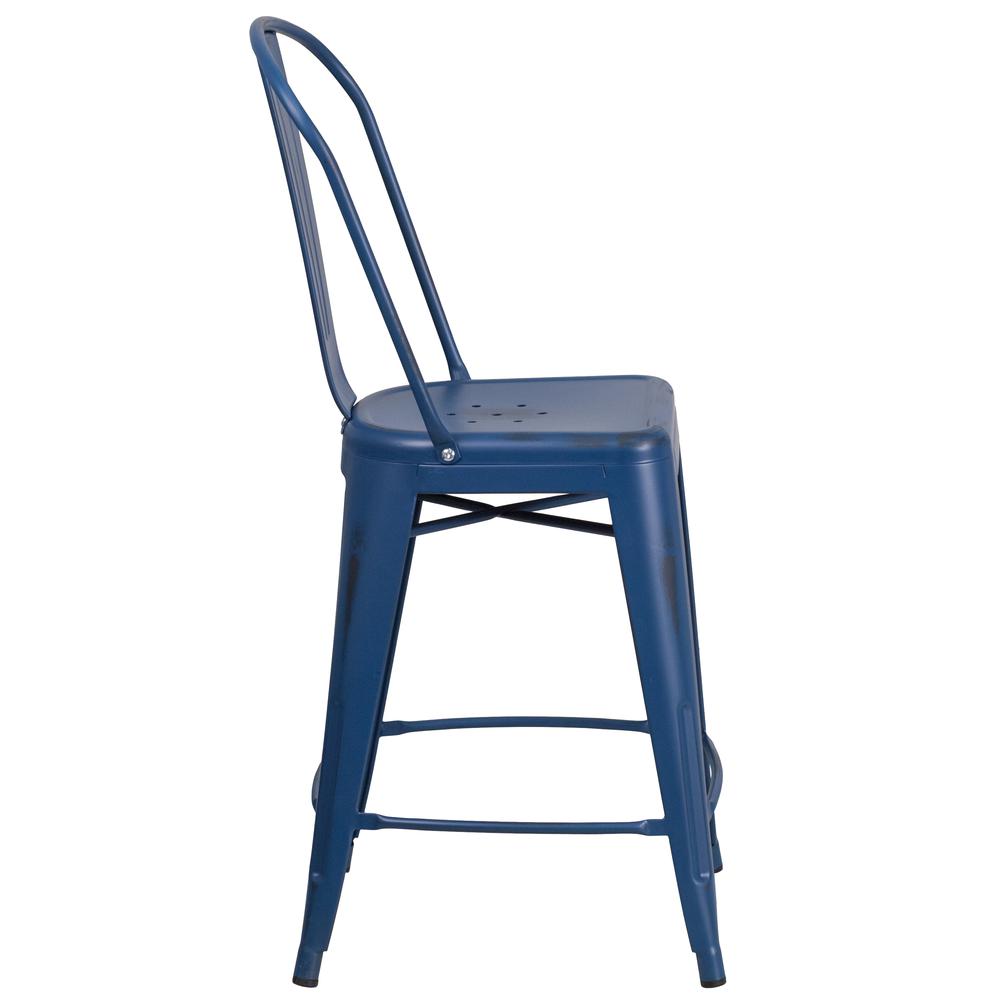 Commercial Grade 24" High Distressed Antique Blue Metal Indoor-Outdoor Counter Height Stool with Back. Picture 3