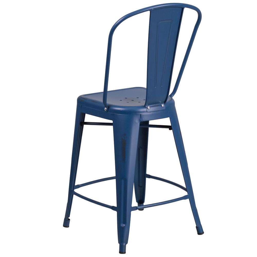 Commercial Grade 24" High Distressed Antique Blue Metal Indoor-Outdoor Counter Height Stool with Back. Picture 4