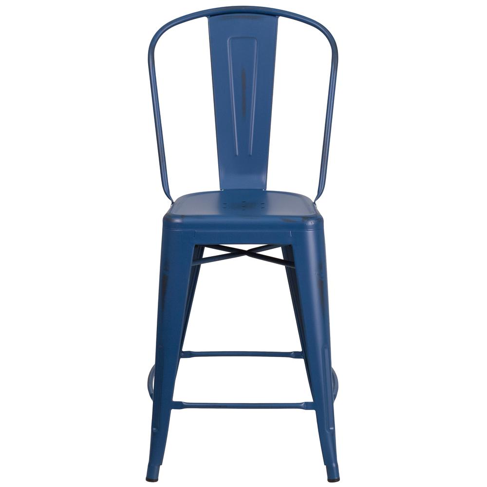 Commercial Grade 24" High Distressed Antique Blue Metal Indoor-Outdoor Counter Height Stool with Back. Picture 5