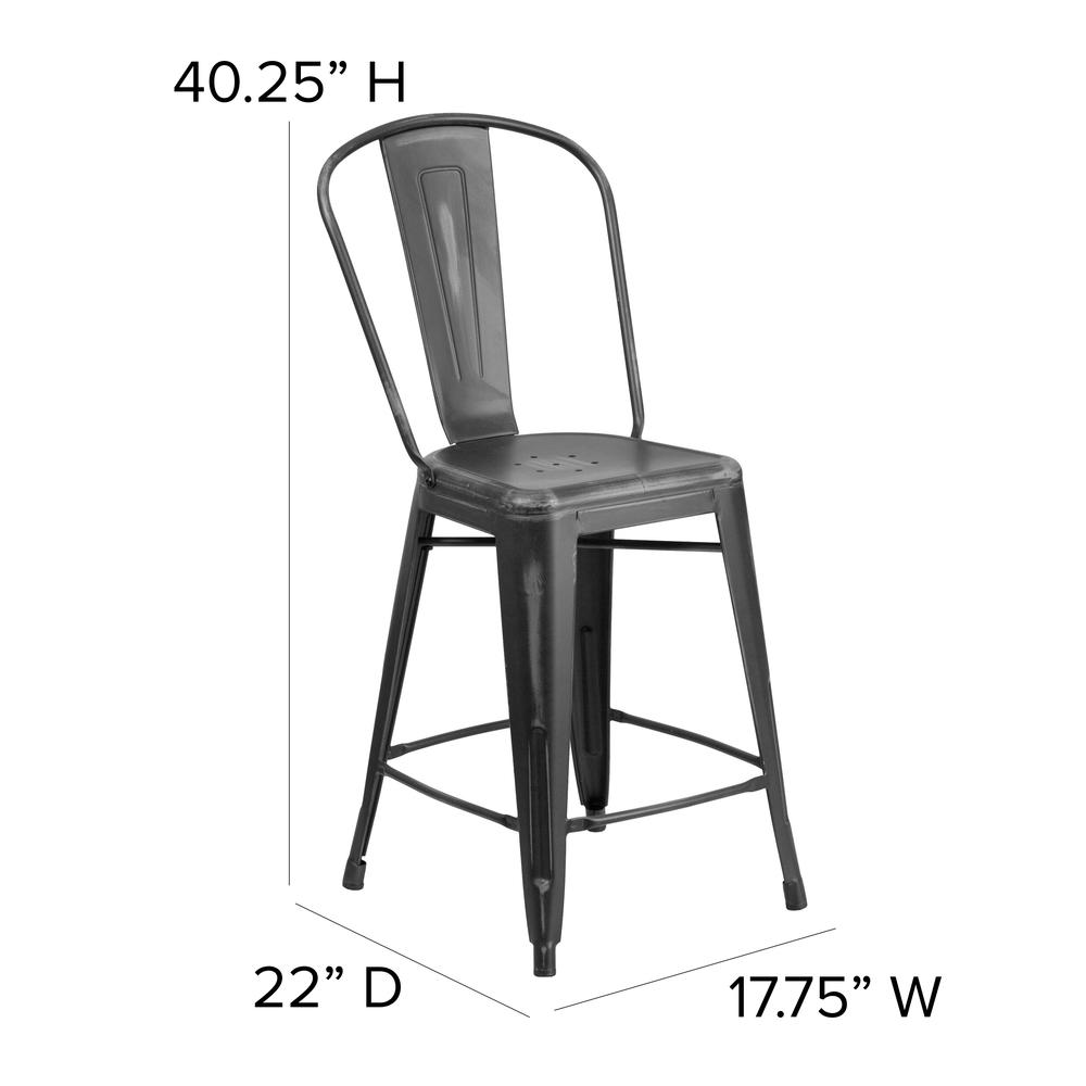 Commercial Grade 24" High Distressed Black Metal Indoor-Outdoor Counter Height Stool with Back. Picture 2