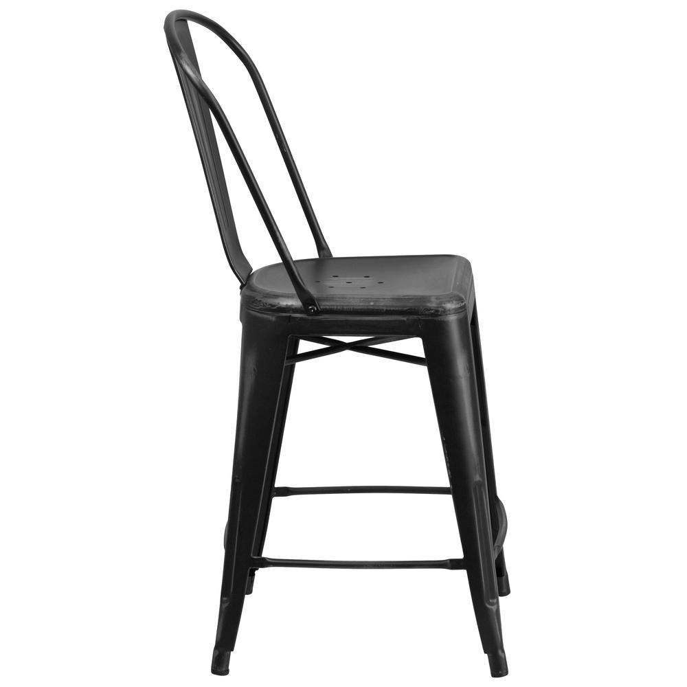 Commercial Grade 24" High Distressed Black Metal Indoor-Outdoor Counter Height Stool with Back. Picture 3