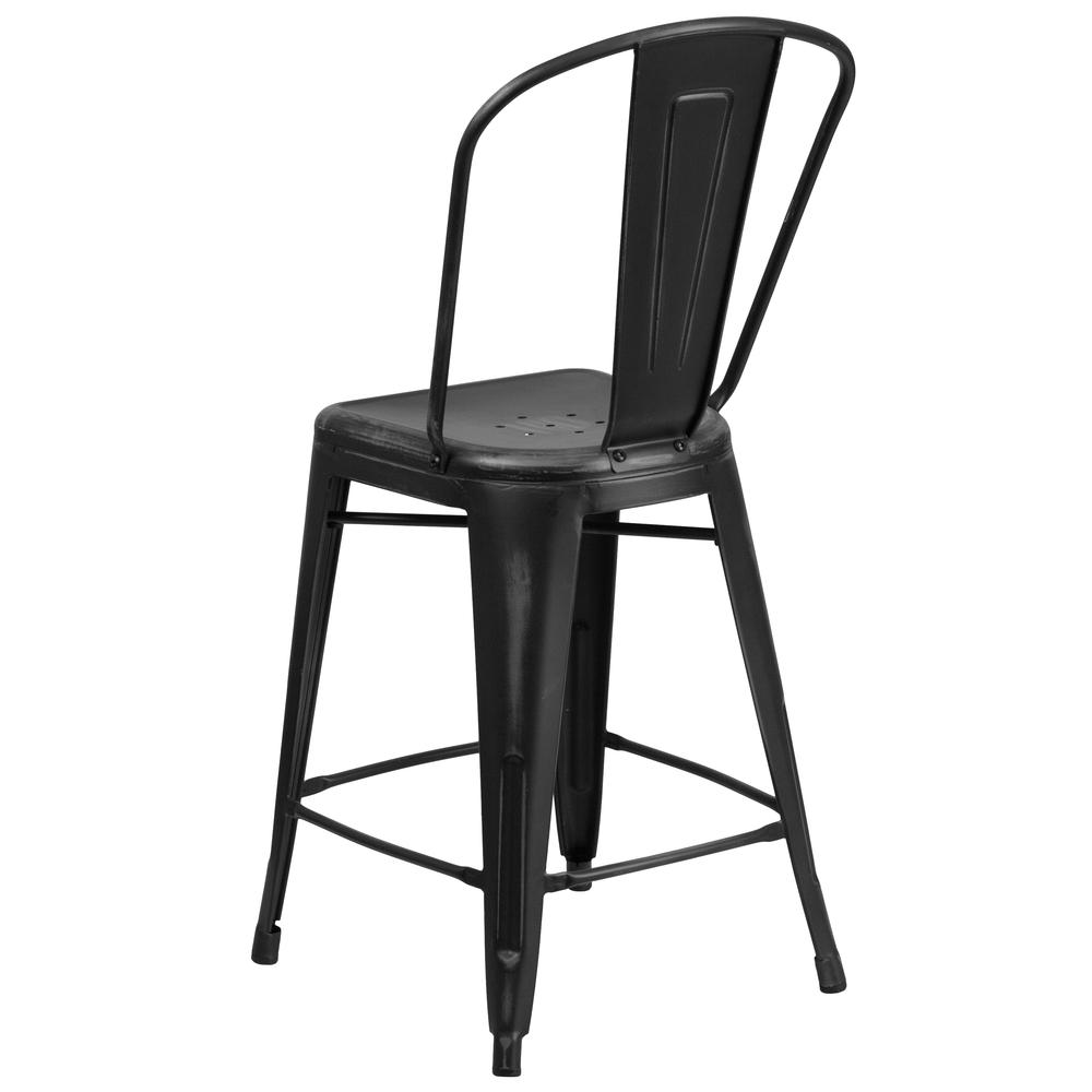 Commercial Grade 24" High Distressed Black Metal Indoor-Outdoor Counter Height Stool with Back. Picture 4