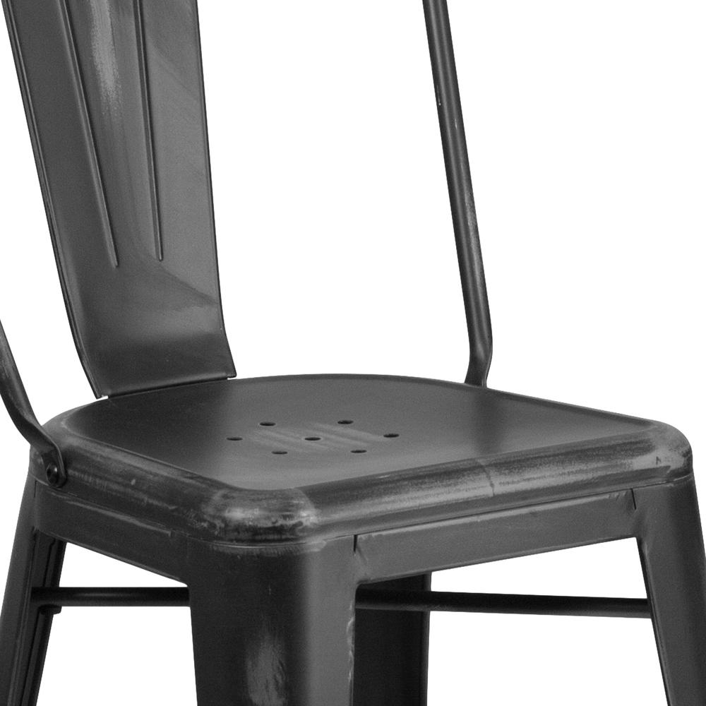 Commercial Grade 24" High Distressed Black Metal Indoor-Outdoor Counter Height Stool with Back. Picture 6