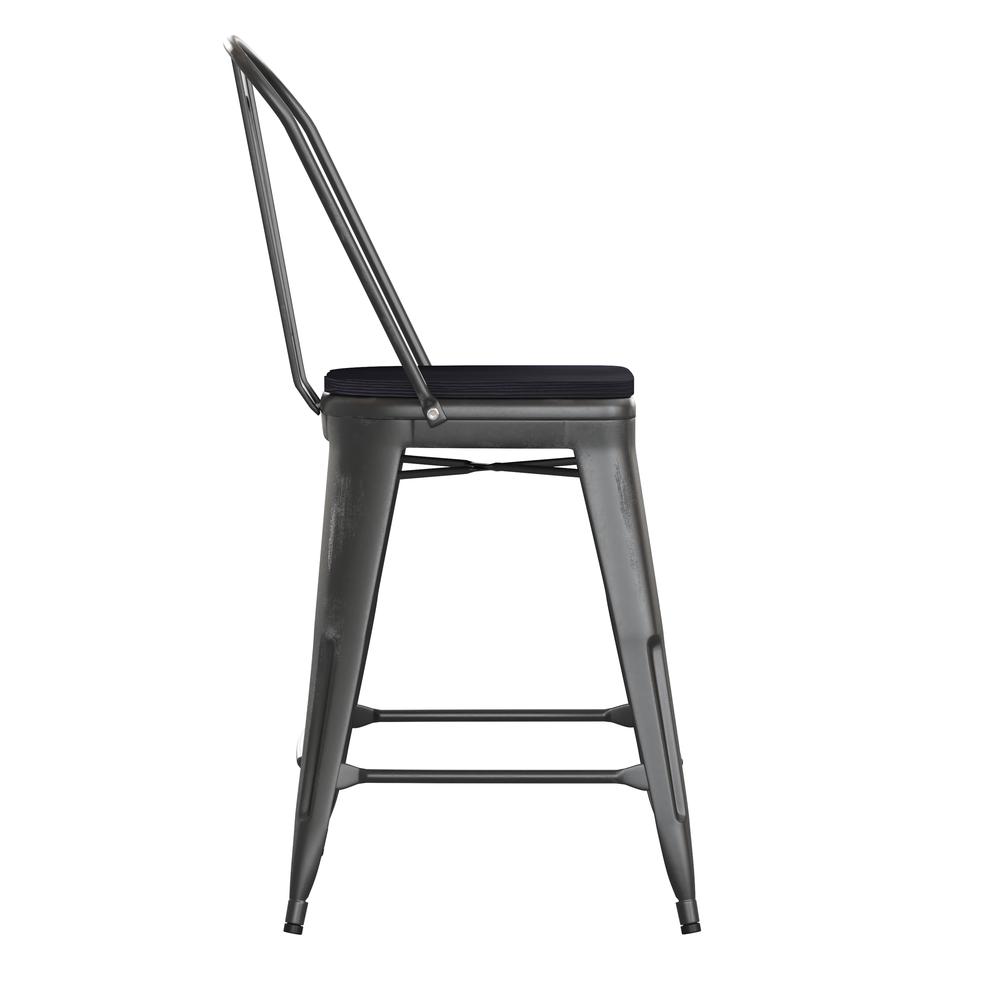 24" High Black Metal Indoor-Counter Height Stool with Black Poly Resin Wood Seat. Picture 10