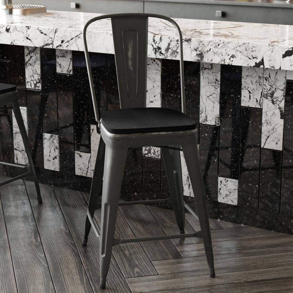 24" High Black Metal Indoor-Counter Height Stool with Black Poly Resin Wood Seat. Picture 8