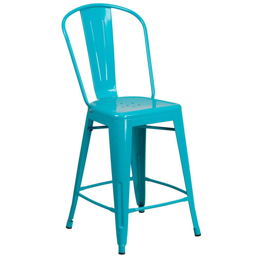 Commercial Grade 24" High Crystal Teal-Blue Metal Indoor-Outdoor Counter Height Stool with Back. Picture 1