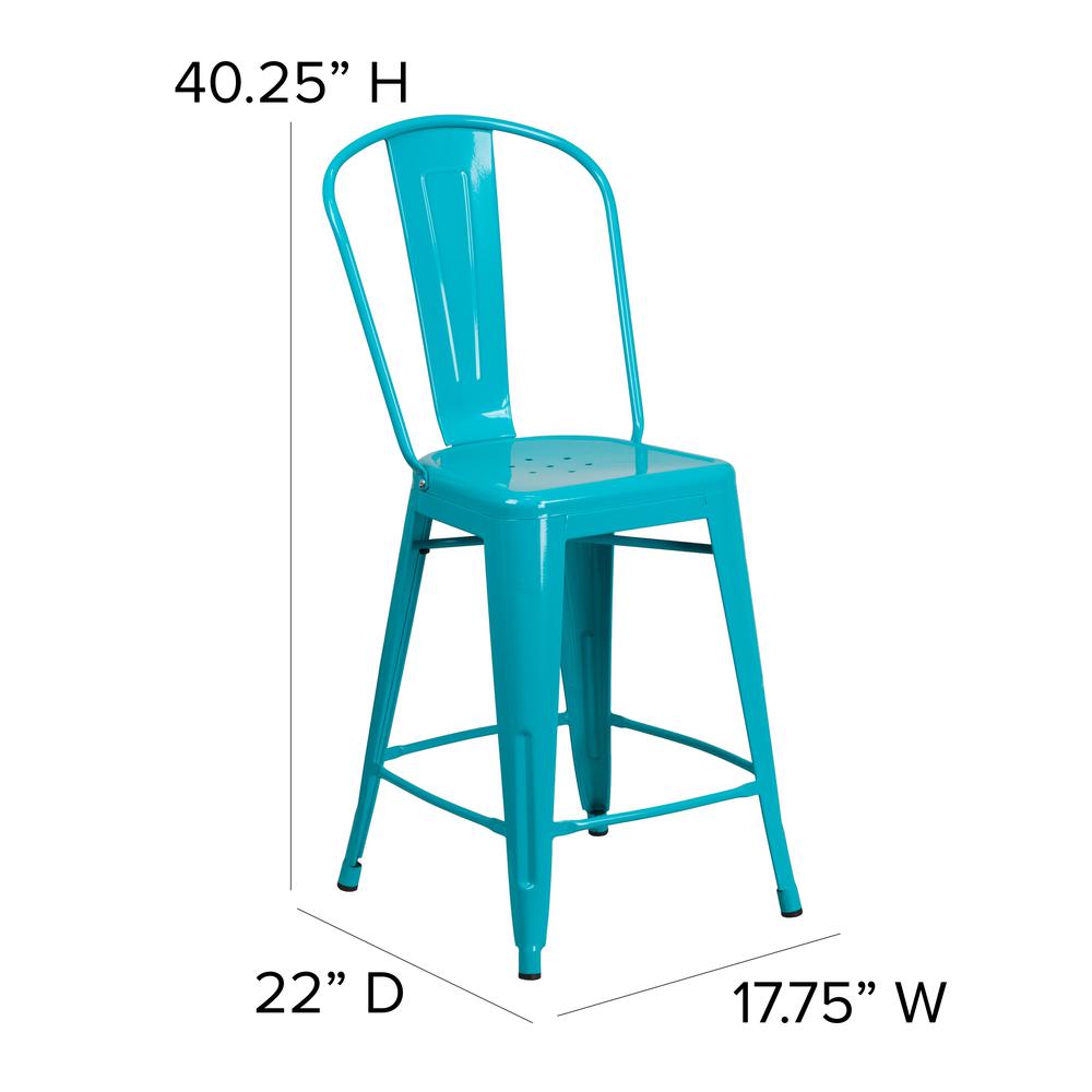 Commercial Grade 24" High Crystal Teal-Blue Metal Indoor-Outdoor Counter Height Stool with Back. Picture 2