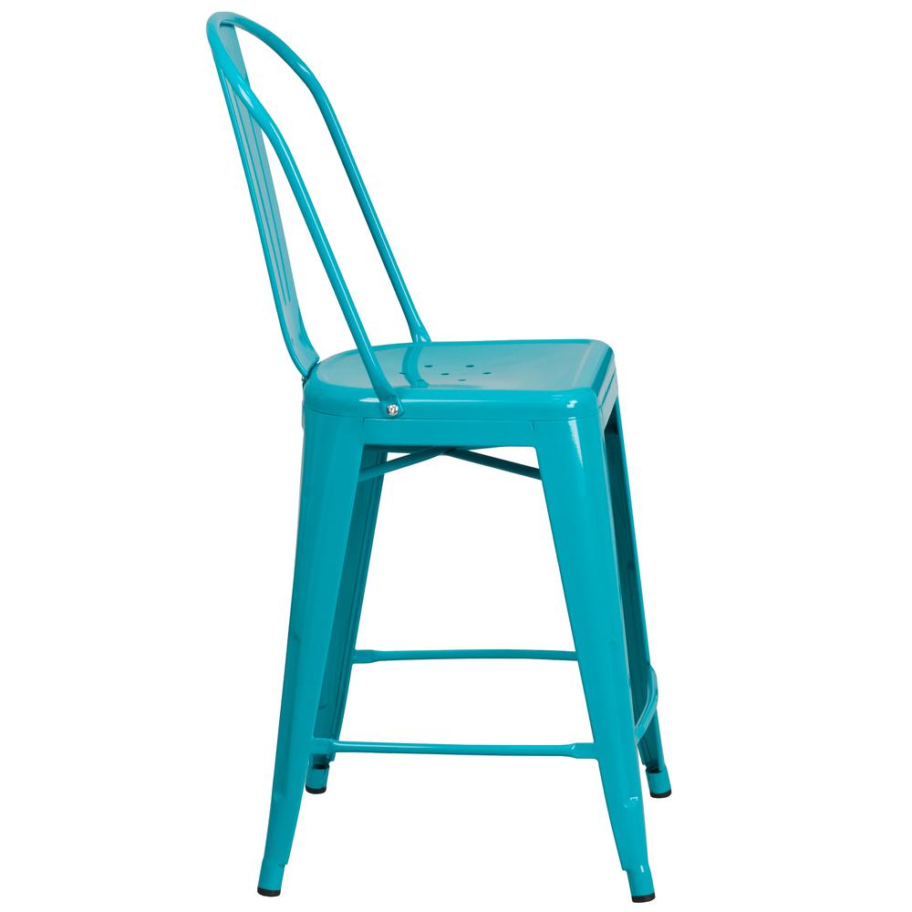 Commercial Grade 24" High Crystal Teal-Blue Metal Indoor-Outdoor Counter Height Stool with Back. Picture 3