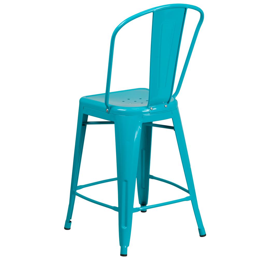 Commercial Grade 24" High Crystal Teal-Blue Metal Indoor-Outdoor Counter Height Stool with Back. Picture 4