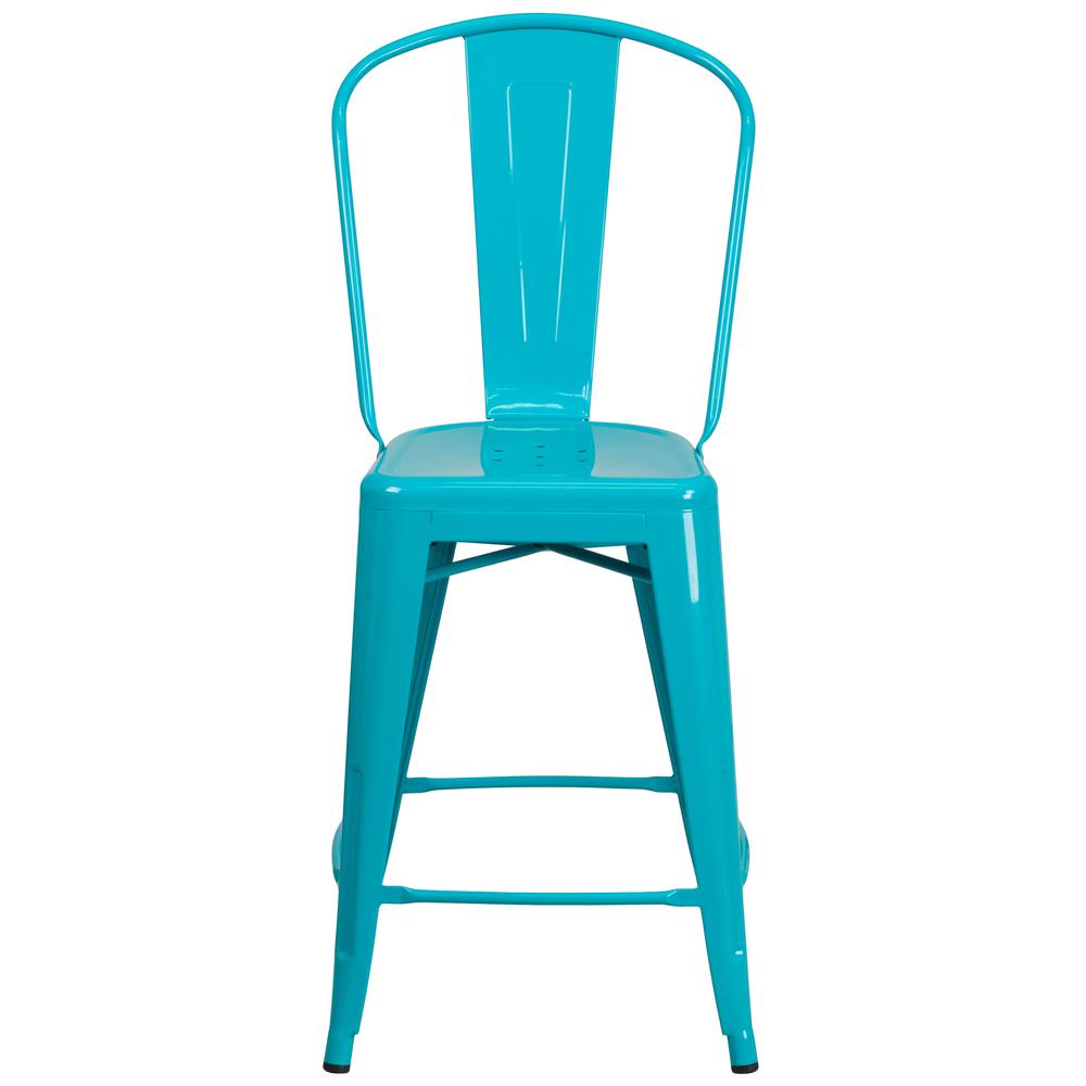 Commercial Grade 24" High Crystal Teal-Blue Metal Indoor-Outdoor Counter Height Stool with Back. Picture 5
