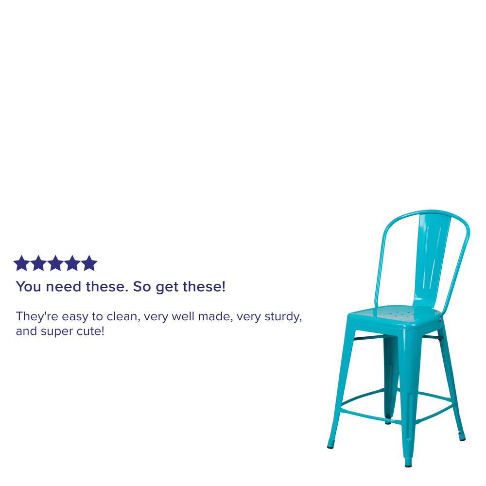 Commercial Grade 24" High Crystal Teal-Blue Metal Indoor-Outdoor Counter Height Stool with Back. Picture 6