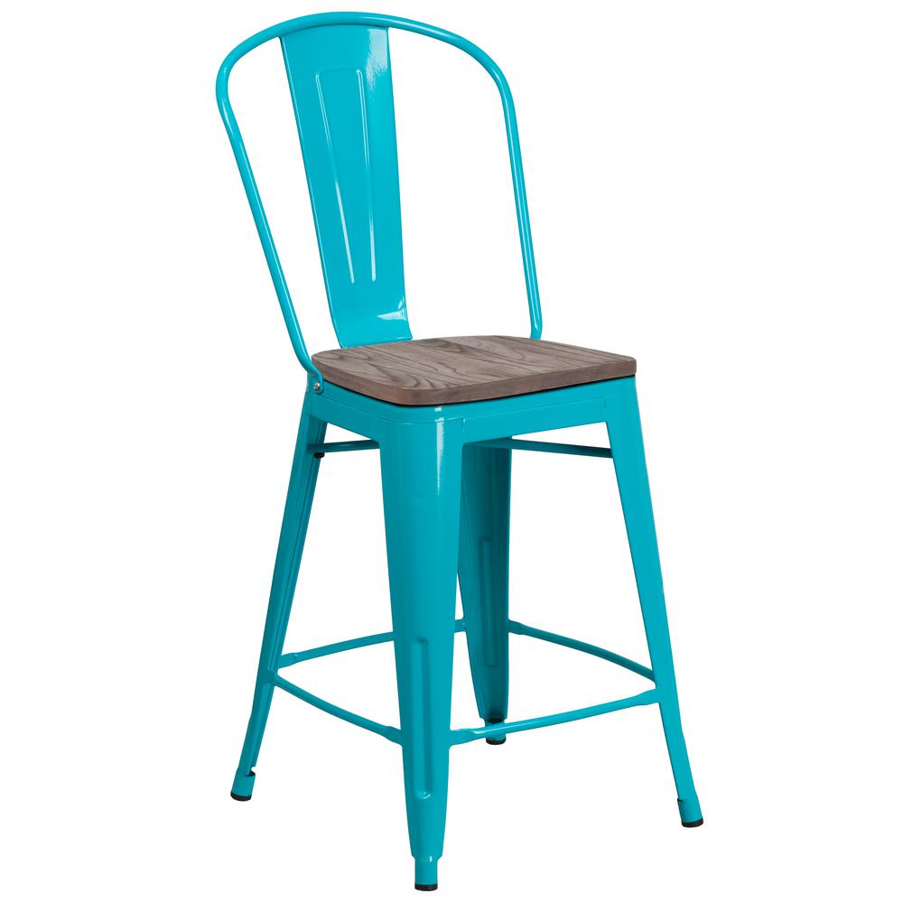 24" High Crystal Teal-Blue Metal Counter Height Stool with Back and Wood Seat. Picture 1