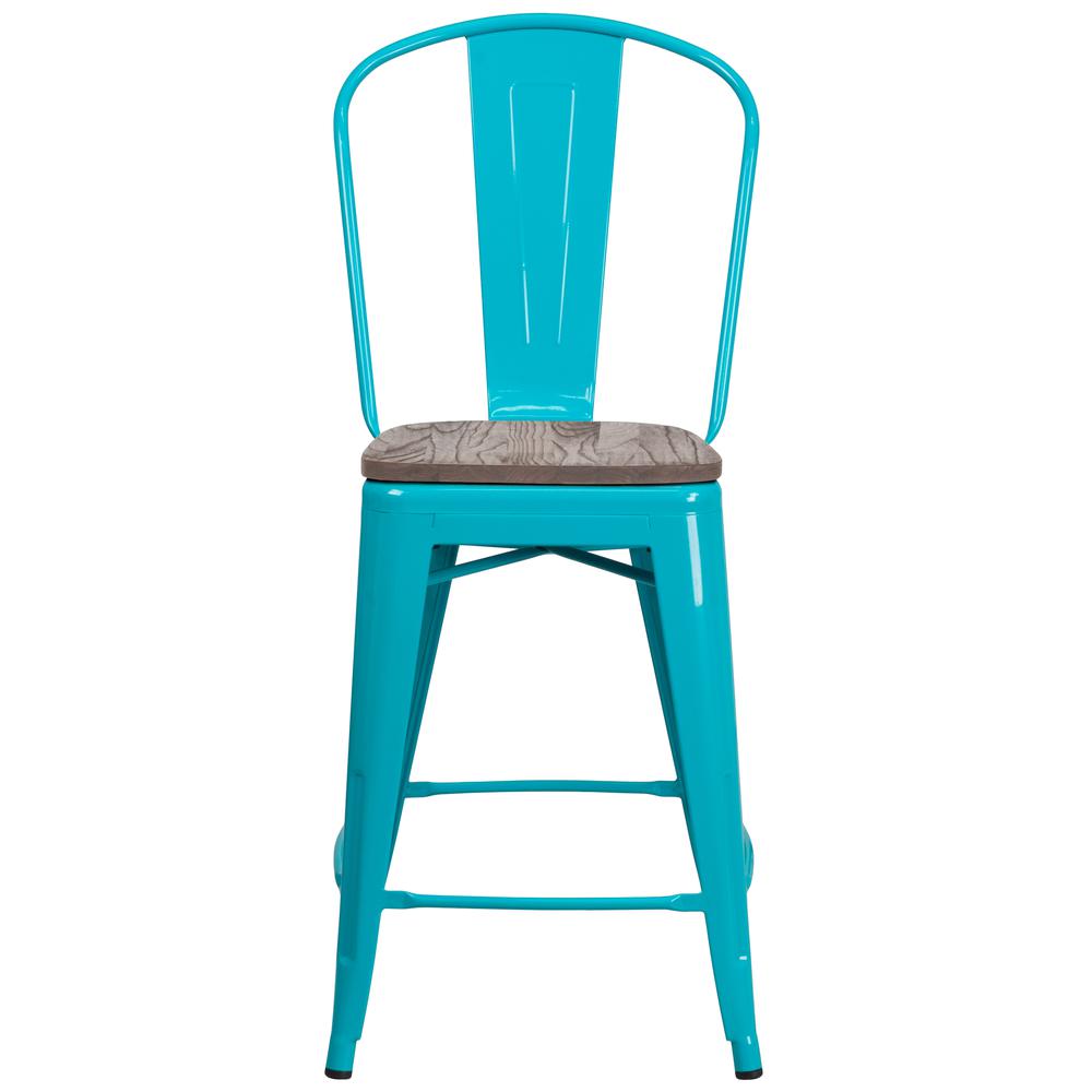 24" High Crystal Teal-Blue Metal Counter Height Stool with Back and Wood Seat. Picture 4