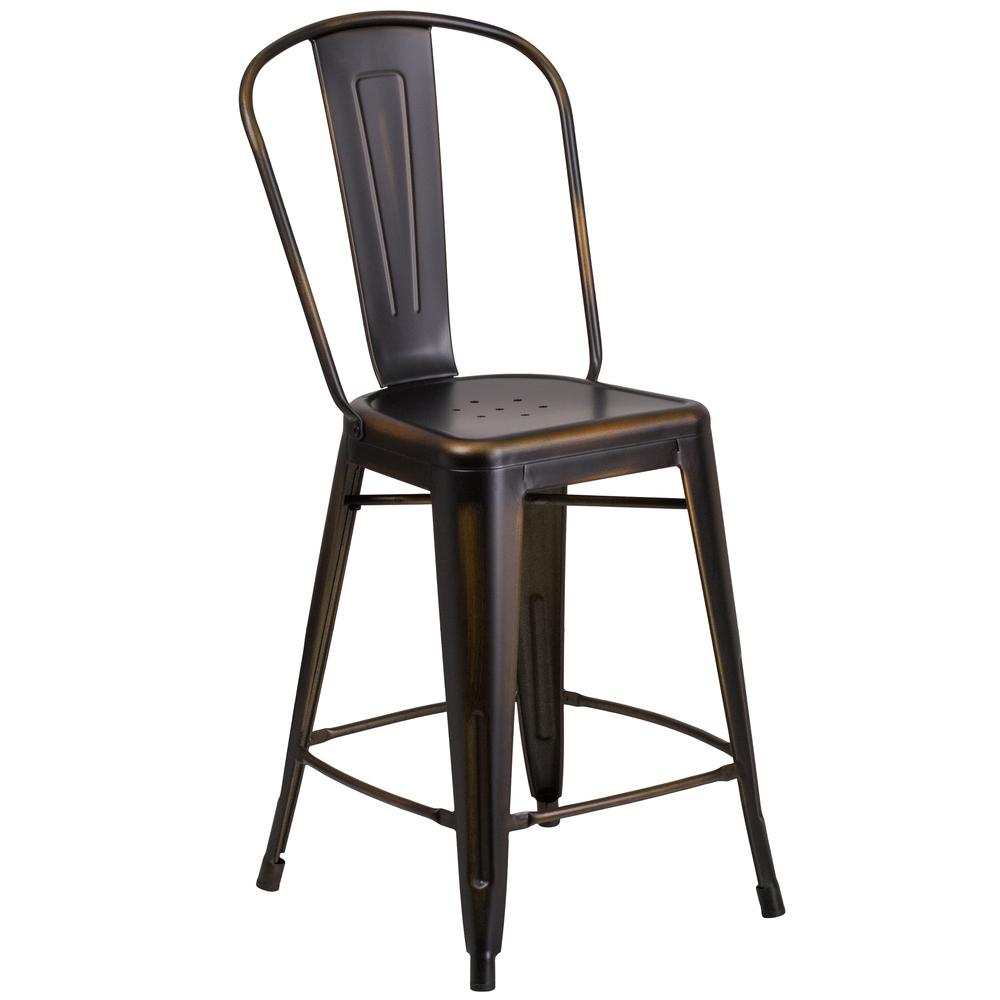 Commercial Grade 24" High Distressed Copper Metal Indoor-Outdoor Counter Height Stool with Back. Picture 1