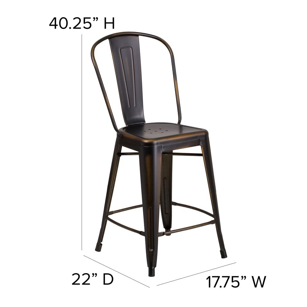 Commercial Grade 24" High Distressed Copper Metal Indoor-Outdoor Counter Height Stool with Back. Picture 2