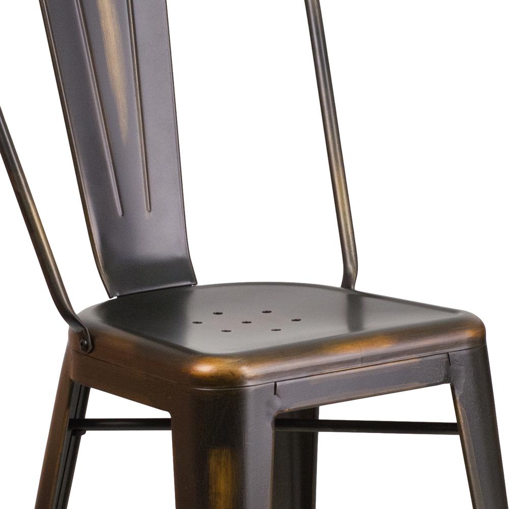 Commercial Grade 24" High Distressed Copper Metal Indoor-Outdoor Counter Height Stool with Back. Picture 6