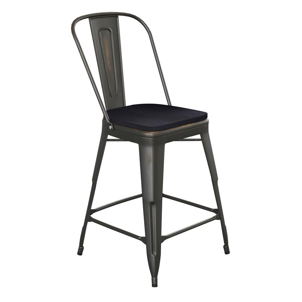 Carly Commercial Grade 24" High Copper Metal Indoor-Outdoor Counter Height Stool with Back with Black Poly Resin Wood Seat. Picture 2