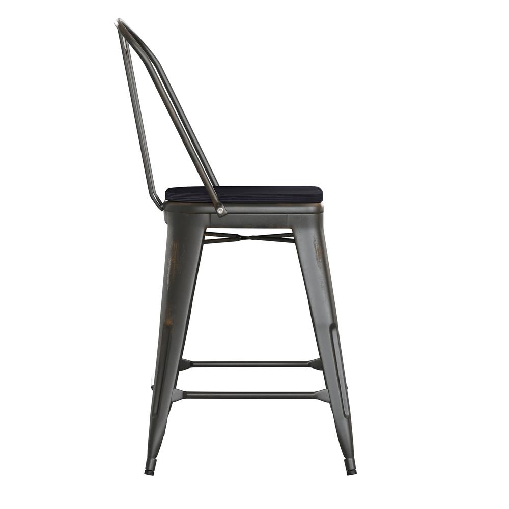 Carly Commercial Grade 24" High Copper Metal Indoor-Outdoor Counter Height Stool with Back with Black Poly Resin Wood Seat. Picture 10