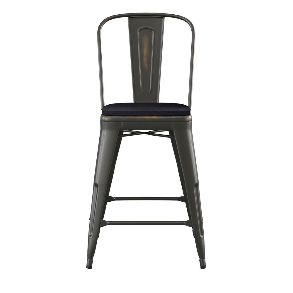 Carly Commercial Grade 24" High Copper Metal Indoor-Outdoor Counter Height Stool with Back with Black Poly Resin Wood Seat. Picture 11